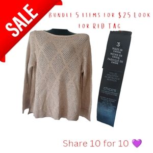 Chico's Black Label size 3 shimmer argyle cream sweater  see-through